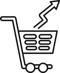 Line art icon of a shopping cart increasing with up arrow representing growing sales