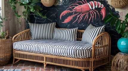Rattan Sofa with Striped Cushions in Bohemian Decor Featuring Lobster Mural