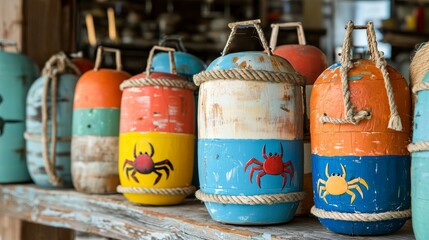 Fototapeta premium Colorful Nautical Buoys with Crab Motifs on Display at Coastal Shop