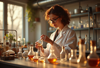 Middle aged woman in lab coat pipetting liquid into glass vial
