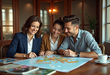 Fototapeta premium Female travel consultant discussing trip plans with young couple in office