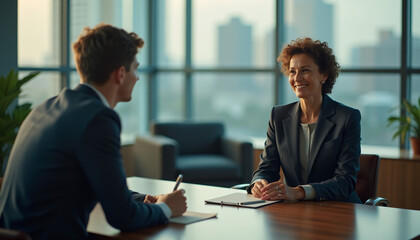 Businesswoman interviewing job candidate in modern office