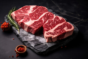Marbled Beef Meat on Board with Herbs