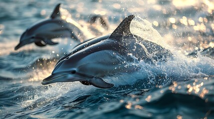 graceful dolphin Delphinidae family leaping joyfully out of sparkling ocean wave their sleek body glistening sunlight they playfully frolic their natural marine habitat 