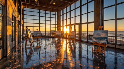 Sunset Art Studio with Ocean View Through Floor-to-Ceiling Windows