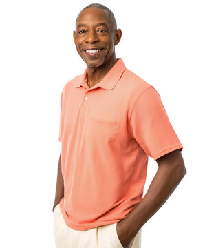 Portrait of smiling senior African-American man with hands in pockets, wearing pink shirt, transparent background, cut out