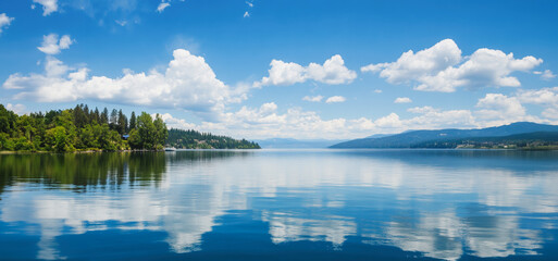 Tranquil Reflection of Blue Sky and Clouds Over Serene Lake at Midday