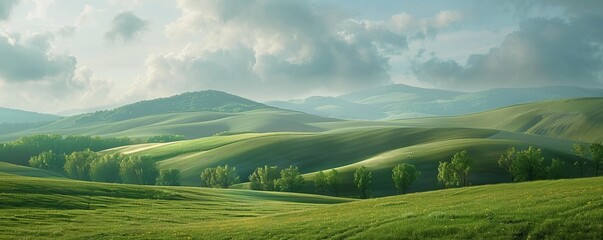 Peaceful countryside landscape with rolling hills, 4K hyperrealistic photo