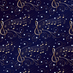 Color pattern with musical signs.Treble clef, musical notes and gems in a seamless vector pattern.