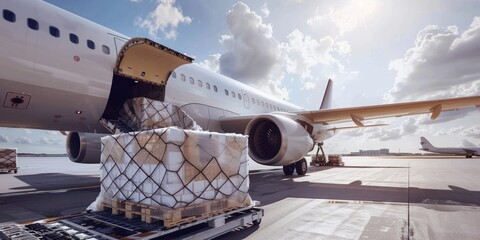 Air cargo plane logistic containers are loaded onto an airplane. Air transport shipments are prepared for loading to modern freighter jet aircraft at the airport.