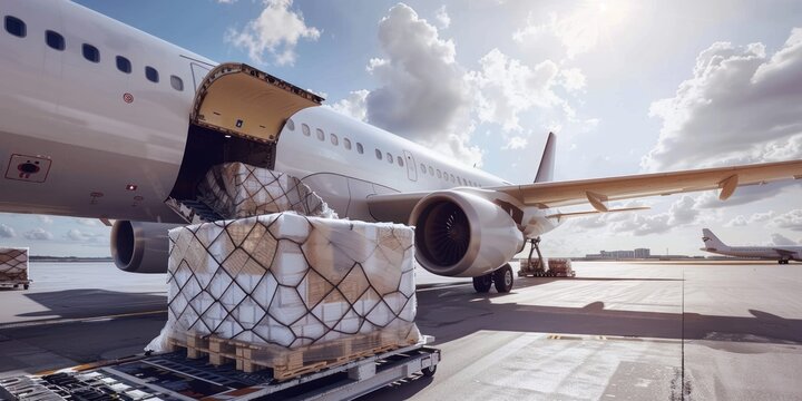 Air cargo plane logistic containers are loaded onto an airplane. Air transport shipments are prepared for loading to modern freighter jet aircraft at the airport.
