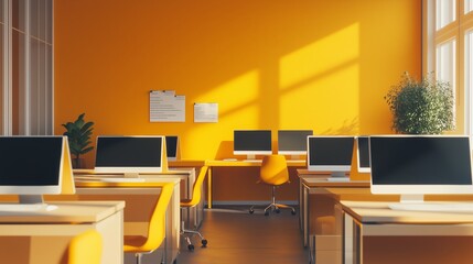 Bright and Colorful Workspace Featuring Computers and Natural Light in Modern Office