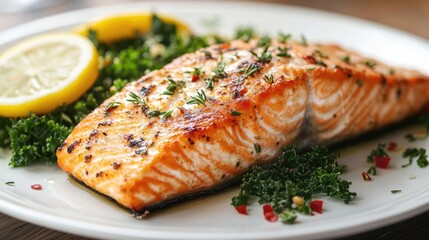 Delicious Baked Salmon with Lemon and Herbs, Served with Kale - Healthy and Protein-Rich Meal