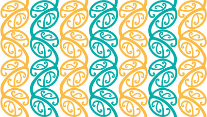 Tropical Seamless Traditional Maori Rafter Pattern with Koru or Silver Fern Fiddlehead Curves