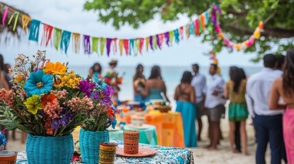 Colorful Beach Party with Friends at Tropical Destination Featuring Vibrant Decorations and Festive Atmosphere