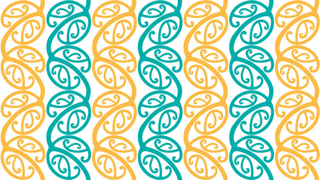 Tropical Seamless Traditional Maori Rafter Pattern with Koru or Silver Fern Fiddlehead Curves