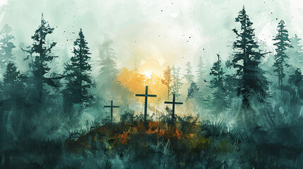 Fototapeta premium Three crosses on hill silhouette against dramatic sunset sky religion faith christianity god jesus christ easter christian hope love spirituality belief symbol heaven spiritual light