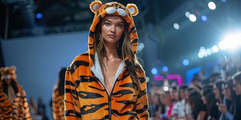 female model wearing animal onesie, fashion show runway