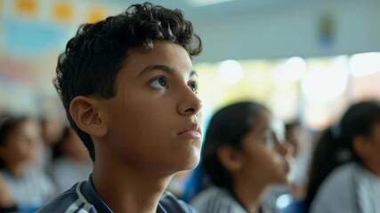 A young Latino boy is focused on a lesson in a classroom filled with his peers. The diverse group of students appears engaged, and it's a brightly lit day. The boy wears a casual striped shirt. - Powered by Adobe