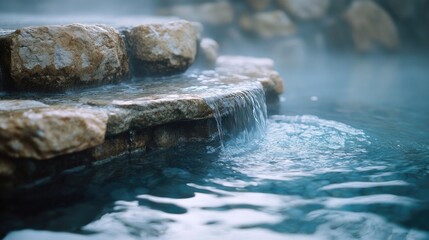 Serene Onsen Oasis: Close-up of Bubbling Hot Spring Water with Steam and Natural Stone Surroundings