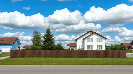 Obraz premium A wooden fence stands in front of a house adorned with vibrant greenery and blooming flowers, creating a serene and inviting atmosphere