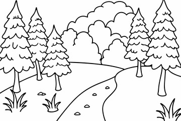 A serene forest clearing with a small stream line art vector illustration