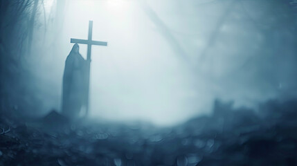 Fototapeta premium Spooky figure with cross in foggy forest death horror creepy dark evil halloween mystery scary gothic graveyard supernatural religion faith christianity