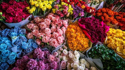 Fototapeta premium Vibrant yarn skeins mimic nature's palette, displayed like a floral bouquet at a bustling market
