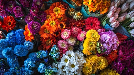 Vibrant red and yellow blooms amidst colorful market stalls and garden landscapes