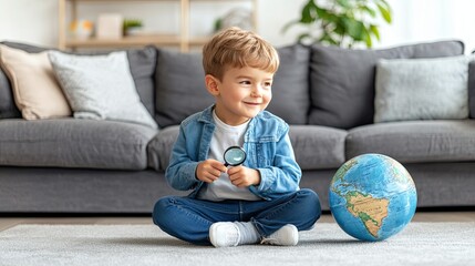 A curious young boy investigates a globe with a magnifying glass while seated in a cozy living room environment