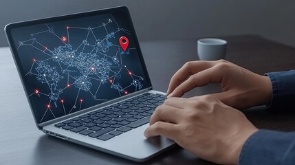 A man is actively typing on a keyboard while a red location pin hovers above an interactive map showing global connections