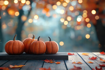 Rustic pumpkins on a wooden table with colorful bokeh and autumn leaves evoke the vibrant, cozy ambiance of fall and seasonal gatherings.