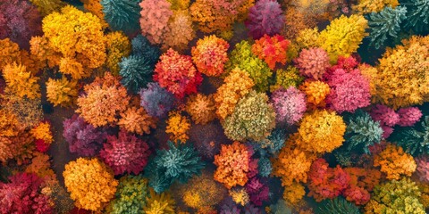 Aerial View of Colorful Autumn Forest, Fall Scene from Above Generative AI