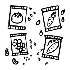 Set of plant seed packets hand drawn in doodle style. Packaging with vegetable and flower seeds for germination in the garden and at home. Vector line art illustration.