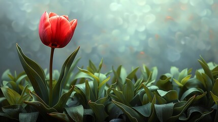 Single tulip standing tall in a sea of green foliage its vibrant hues of pink red or yellow catching the eye and heralding the arrival of spring