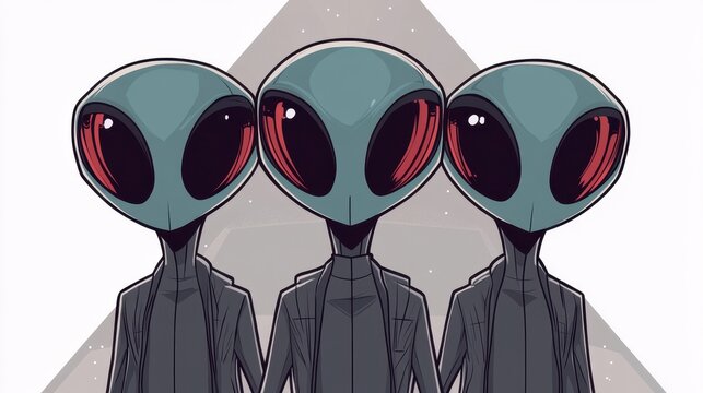Three Alien Figures with Large Eyes in Futuristic Suits Standing Together
