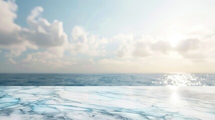 Obraz premium Glossy white marble table with blurred sky and sea background for product display.