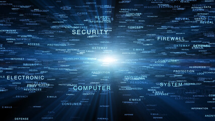 Shining security secure electronic digital computer technology network word cloud. Shining light and blue words illustration background.	

