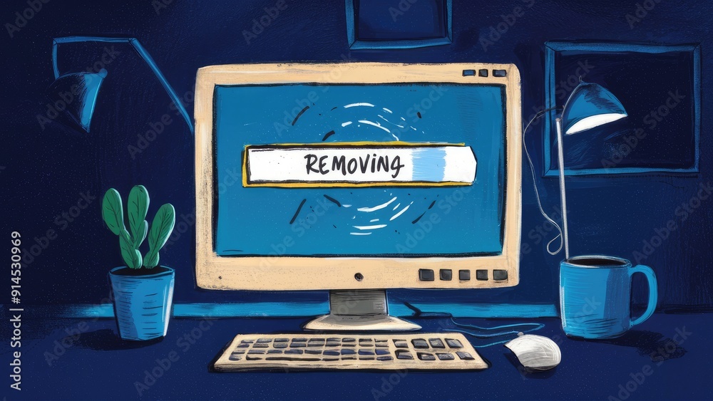 Poster Computer monitor displaying a progress bar with the word Removing on a dark background