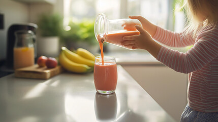 A child pouring fresh orange juice into a glass in a bright kitchen, with fruits in the background, embodying healthy living.