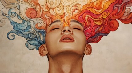 Vibrant Abstract Portrait with Colorful Flowing Hair and Closed Eyes