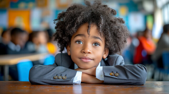 Young African American boy with curly hair in a suit, resting his chin on his hands, looking thoughtful and content in a classroom setting. Back to School


