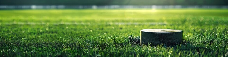 Close up of a minimalist metal pedestal on lush green stadium grass