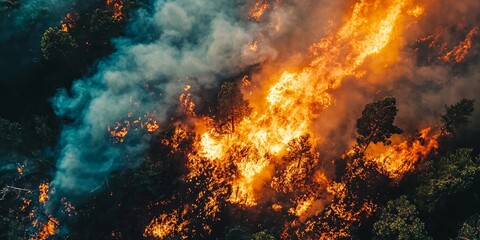 Fototapeta premium Aerial View of Forest Fire, Concept of Global Warming and Climate Change Generative AI