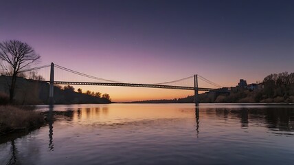  a suspension bridge spanning across a calm river during sunset. The bridge, with its sleek cables and towers, is silhouetted against a gradient sky transitioning from deep purple at the top to a warm