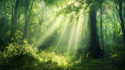 Sunlight filtering through a dense green forest