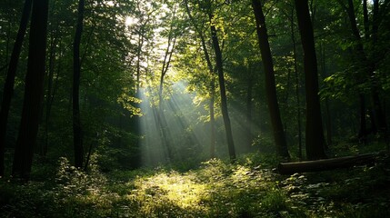 Obraz premium Beams of light breaking through forest canopy