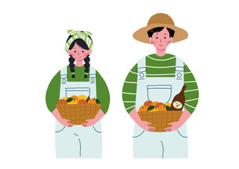 みかんだ入ったバスケットを抱えた男女のイラストセット