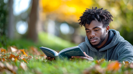 Young African American man with a beard reading a book while lying on the grass in a park during autumn, surrounded by fallen leaves. The atmosphere is peaceful and reflective.

