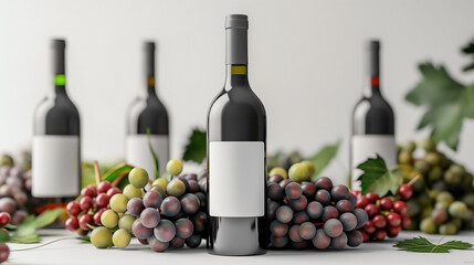 Fototapeta premium Wine bottles with blank white labels, isolated on a white background. Surround the bottles with a variety of fresh grapes